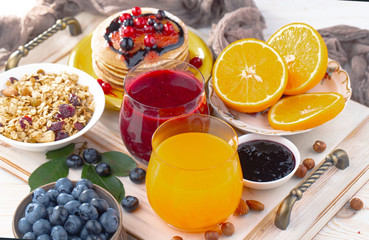 Healthy breakfast on an old background. The concept of tasty and healthy food.