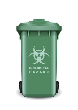 Dumpster with a symbol of biological threat. Biohazard symbol. Biological hazard icon on a trash receptacle. Vector illustration