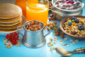 Healthy breakfast on an old background. The concept of tasty and healthy food.