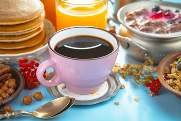 Healthy breakfast on an old background. The concept of tasty and healthy food.