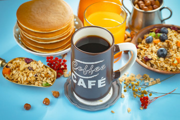 Healthy breakfast on an old background. The concept of tasty and healthy food.