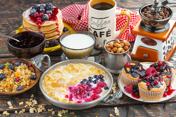 Healthy breakfast on an old background. The concept of tasty and healthy food.