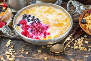 Healthy breakfast on an old background. The concept of tasty and healthy food.