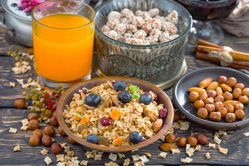 Healthy breakfast on an old background. The concept of tasty and healthy food.