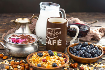 Healthy breakfast on an old background