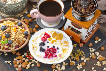 Healthy breakfast on an old background