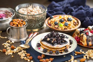 Healthy breakfast on an old background. The concept of tasty and healthy food.