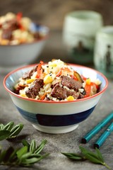 Fried rice with beef meat, corn, eggplant, carrots, garlic, bell pepper and garlic.