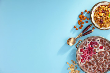 Healthy breakfast on an old background. The concept of tasty and healthy food.