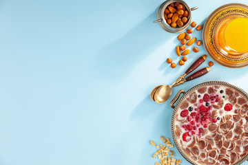 Healthy breakfast on an old background. The concept of tasty and healthy food.