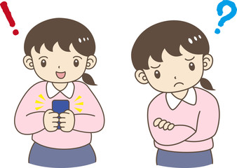 スマートフォンで理解した女の子・腕を組んで疑問を持つ女の子のセット