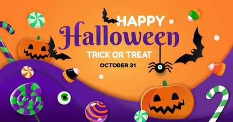 Happy Halloween  banner with sweets, pumpkins, bats and spider. Vector illustration. 
