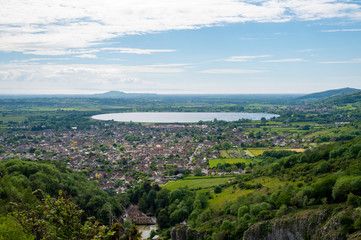 Fototapeta na wymiar Wide angle view of the village of Cheddar with reservoir near Cheddar George, Somerset, UK