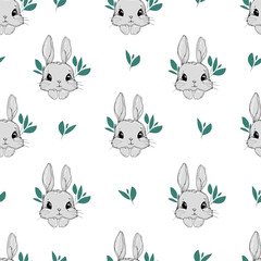 Seamless Pattern Rabbit. Hand Drawn Bunny, print design rabbit white background. Seamless. Print Design Textile for Kids Fashion.