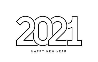 Happy New Year 2021 logo text design. Cover of business diary for 2021 with wishes. Brochure design template, card, banner. Outline style. Vector illustration. Isolated on white background.