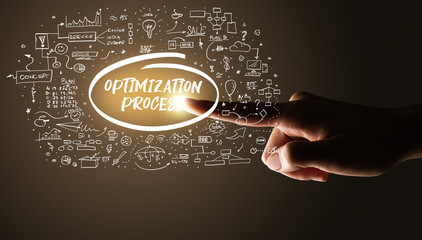 Hand touching OPTIMIZATION PROCESS inscription, hand drawn icons around, business plan concept