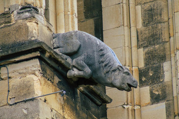 View of the exterior facade of the Roman Catholic Notre Dame de Reims Cathedral, a city in the...