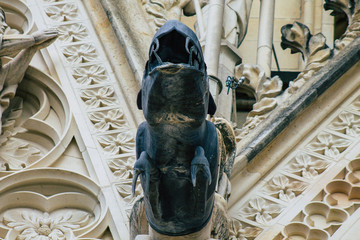 View of the exterior facade of the Roman Catholic Notre Dame de Reims Cathedral, a city in the...
