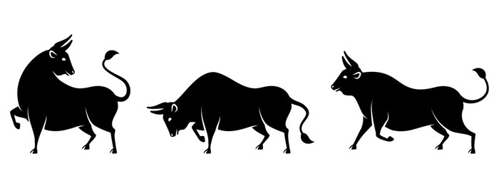 Set Bulls, Cows, Buffaloes. Stylized Silhouettes of Standing in Different Poses, Isolated on White Background