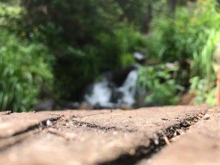 wood plank in forest with waterfall blurred in background, nature background with room for text or product