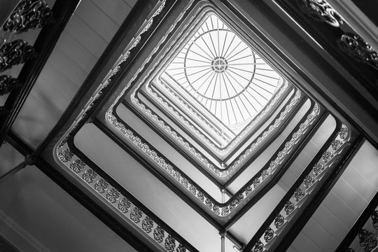 Black And White Symmetrical Pattern Staircase Looking Up Geometric