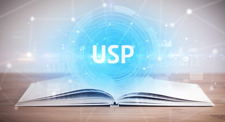 Open book with USP abbreviation, modern technology concept