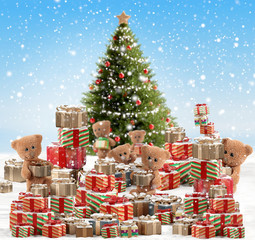 festive teddy bear design of christmas presents background 3d-illustration