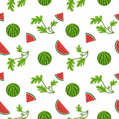 Seamless white pattern with watermelons, fruit slices, sprigs of greenery. National watermelon day in the United States on August 3. Background for textiles, clothing, paper packaging, fabric 