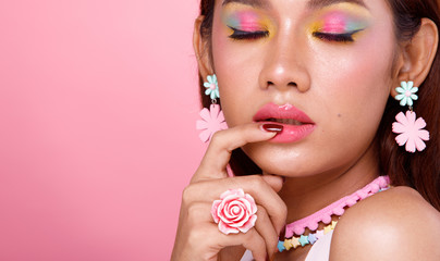 Asian Woman half body portrait black hair pastel sweet dress