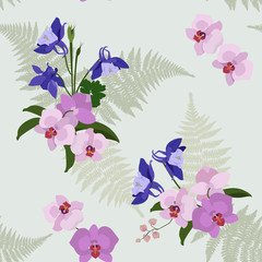 Seamless vector illustration with orchids and aquilegia
