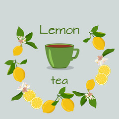 Vector illustration with a cup of tea and lemon on an isolated background.