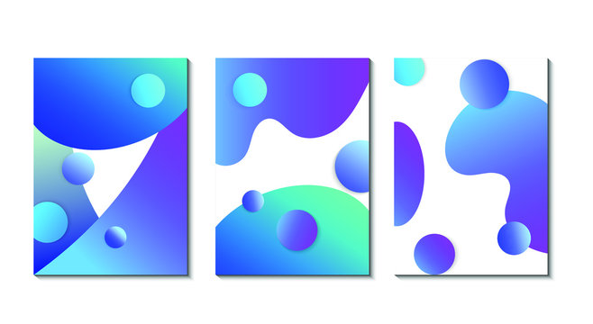 Abstract trendy cover set with wavy gradients  patterns, floating 3d spheres poster mockup