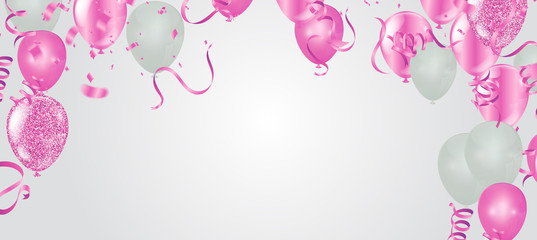 Pink balloons. Celebrate a birthday, Poster, banner happy anniversary. Realistic decorative design elements. Vector