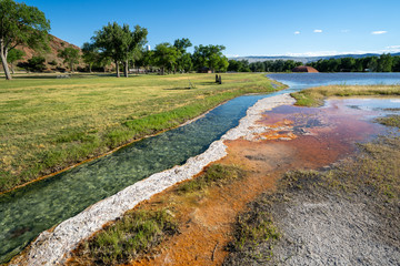 Hot springs mineral water flows through Hot Springs State Park in Thermopolis, Wyoming