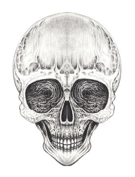 Surreal skull tattoo. Hand drawing on paper.