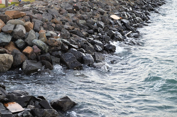 Sea with shore of large rocks, gray color and brown tones.