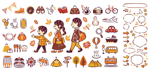 秋の紅葉狩り旅行 アウトドアレジャー 三世代家族 アイコンイラストと吹き出し セット Wall Mural Keiko Kusuhara