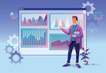 Concept of Business analytics, search engine optimization. The team of merchants analyzes sales, visitors, increases efficiency. A businessman with a laptop. Marketing analytics, vector illustration