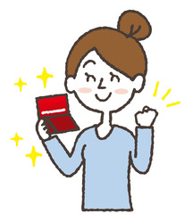 銀行残高を確認してガッツポーズをする女性のイラスト