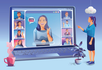 Businesswomen use Video conference landing. People on window screen taking with colleagues. Videoconferencing and online meeting workspace page, men and women learning. Vector illustration, Flat