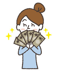 大金を手にして、喜んでいる女性のイラスト