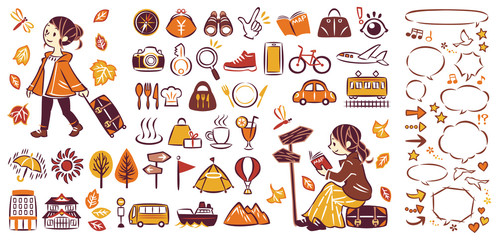 秋の紅葉狩り旅行 アウトドアレジャー 三世代家族 アイコンイラストと吹き出し セット Wall Mural Keiko Kusuhara