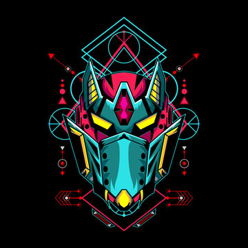 Mecha mask with sacred geometry pattern for esport gaming logo or mascot, cyber punk mask