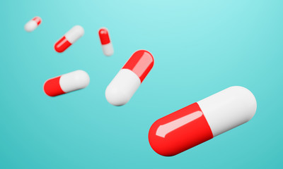 Red and white capsules on cyan green background.