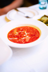 tomato soup in a white bowl