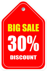Sale tag, discount 30% off, isolated sticker, banner design template, vector illustration