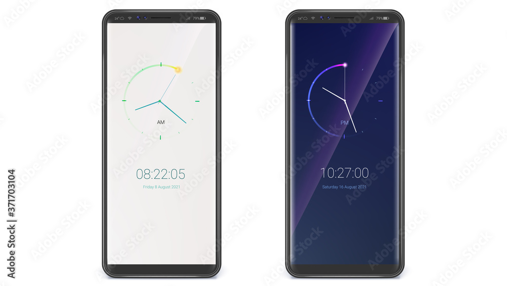 Wall mural smartphones with clock. digital and analog variant of watch. phone ui x size. day and night version.