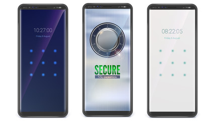 Smartphones with access screen. UI screen with analog password. Entering digital graphical password. Day and night version. Vector 3D illustration