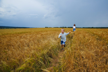Naklejka na ściany i meble Happy family mother and son in a summer wheat field. The boy runs merrily across the field.