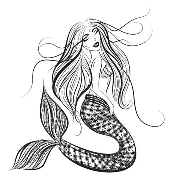 Boho hand drawn illustration of mermaid.Vintage, gypsy style.